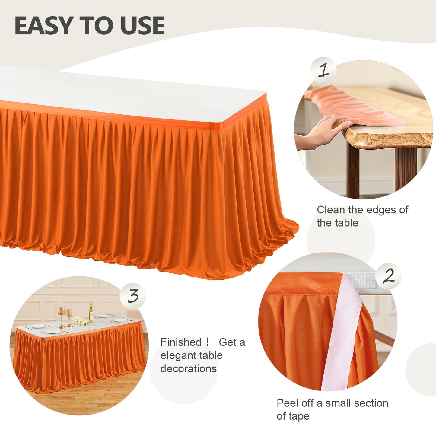 Wish Care 6ft Long Orange Table Skirt for Rectangle Tables - Wrinkle Resistant Polyester Pleated Table Skirting for Parties Weddings Office