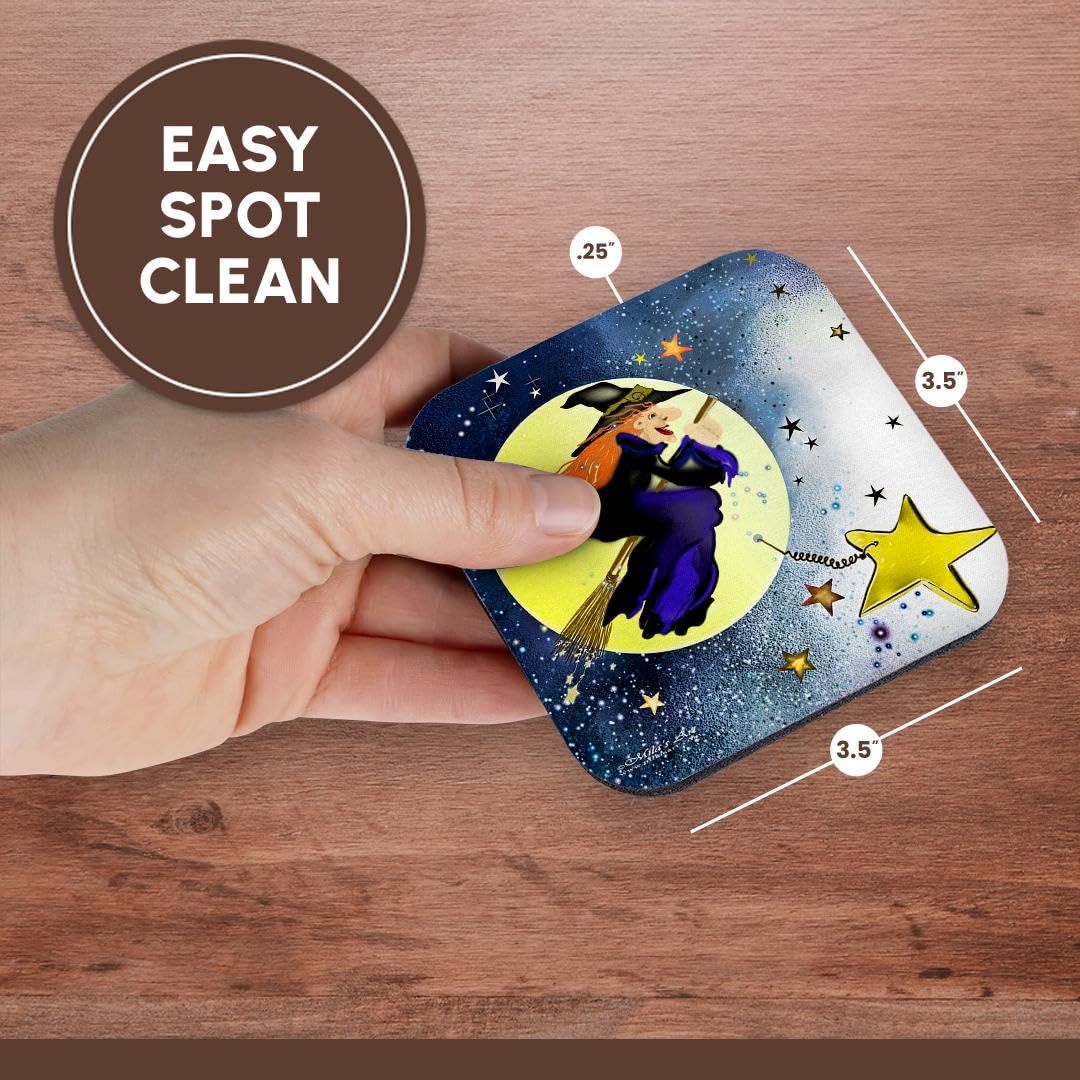 3dRose Mila's Art Halloween Witch Coaster, Soft, Set of 4