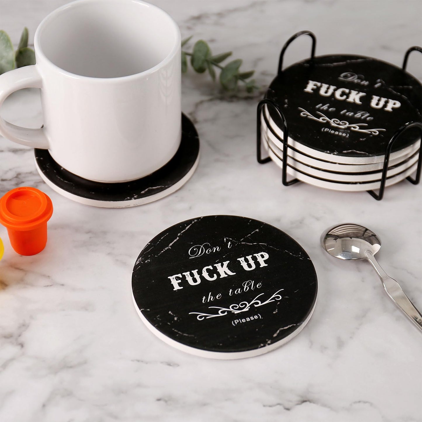 Drink Coasters Set of 6 with Holder, Absorbent Ceramic Coasters with Cork Base for Coffee Table, Rustic Marble Coasters Home Decor Housewarming Gift (Round-Black, 6)