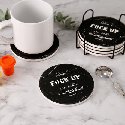Drink Coasters Set of 6 with Holder, Absorbent Ceramic Coasters with Cork Base for Coffee Table, Rustic Marble Coasters Home Decor Housewarming Gift (Round-Black, 6)