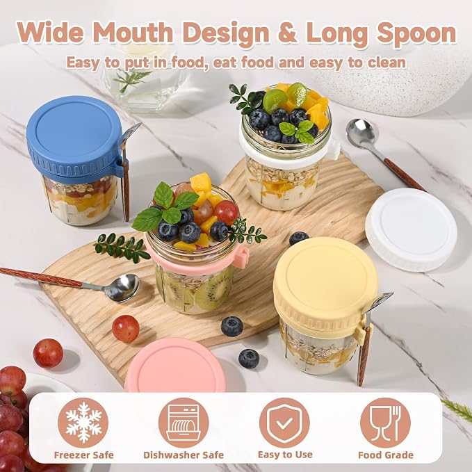 4Pack Overnight Oats Containers with Lids and Spoons,13oz Mason Overnight Oats Jars for Yogurt,Jars for Overnight Oats,Chia Pudding Jars with Lids