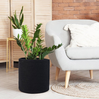 MEGASKET Cotton Rope Plant Basket, Woven Basket Planter for 11 inch Pot, Round Indoor Tree Pot Cover, Storage Bin Organizer, Modern Planter and Home Decor, 12.5”X12.5”, Black