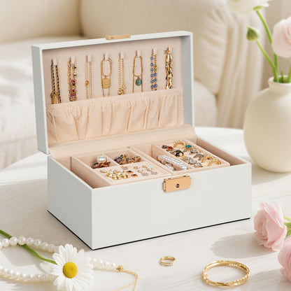 AKOZLIN Travel Jewelry Box Organizer Functional 2-trays Leather Jewelry Storage Case with Lockable Portable for Women Girls Ring Necklace Earring Bracelet