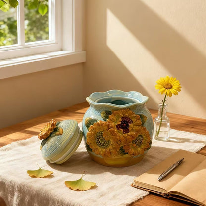 FORLONG Ceramic Hand-Painted Sunflower Sealed Jar,Food Storage Containers with Lids, Home Kitchen Countertop Decorative