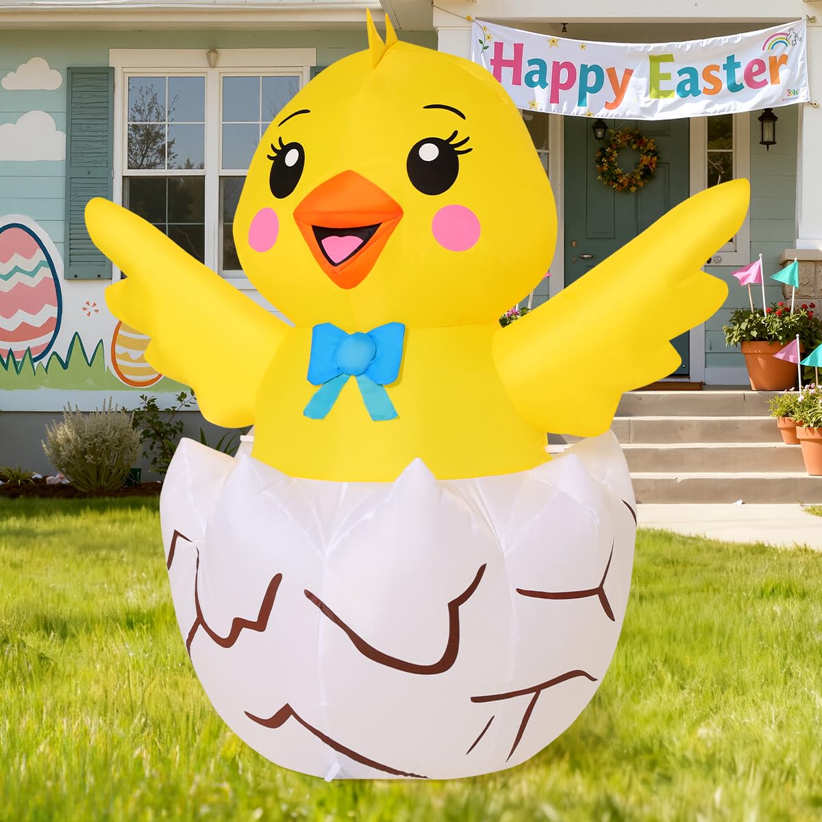 COMIN 4.2 FT Easter Chick Inflatables Take Outdoor Decorations Blow Up Yard with Built-in LEDs for Indoor Party Garden Lawn Decor