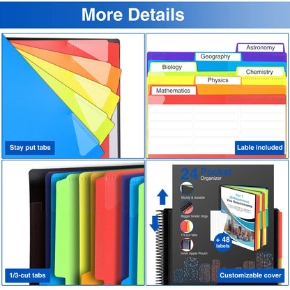 Forvencer 24 Pocket Project Organizer, 1/3-cut Tab Binder Organizer with Sticky Labels, Multi Pocket Folder with Zipper Pouch, Folder Binder Spiral Pocket Notebook, Office Supplies