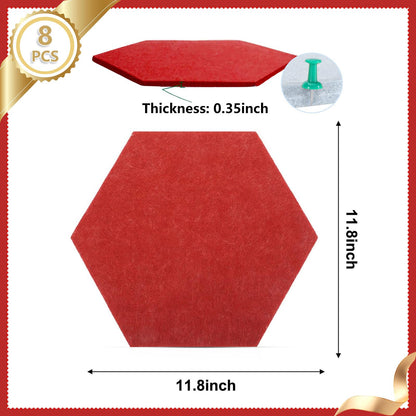 8 Packs Red Hexagon Felt Pin Board, 12" Bulletin Board with 30 Push Pins, Felt Board for Home Kitchen Office Decor, Self-Adhesive Corkboard Tiles for Walls School Message Photos Memos