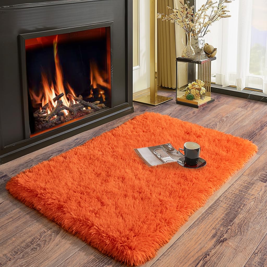 Ailyei Soft Runner Rugs for Bedroom Hallways, 2x3 Orange Fluffy Shag Throw Area Rug Non Slip for Bedside Dorm, Long Shaggy Furry Carpet for Nursery Living Room