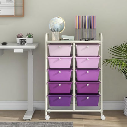 Giantex 10 Drawers Rolling Cart, Classroom Organizers, Storage Cart with Wheels, for Teacher Office Home School Supplies Tool Craft Art Paper, Purple Gradient