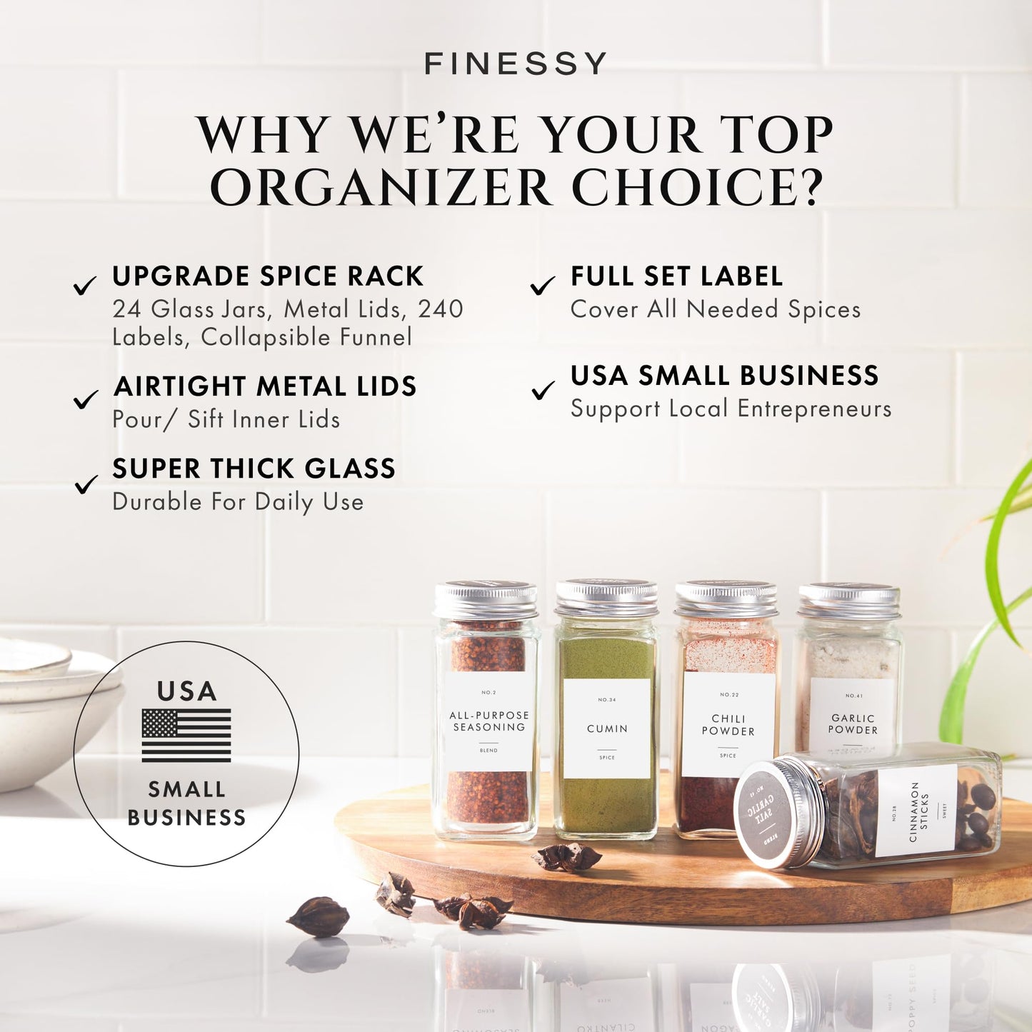 FINESSY Glass Spice Jars with Labels with Metal Lids and Shakers 24 Pack Set, 4oz Small Empty Air Tight Spice Containers with Labels, Clear Seasoning Containers Herb Bottles Kitchen Storage Organizer