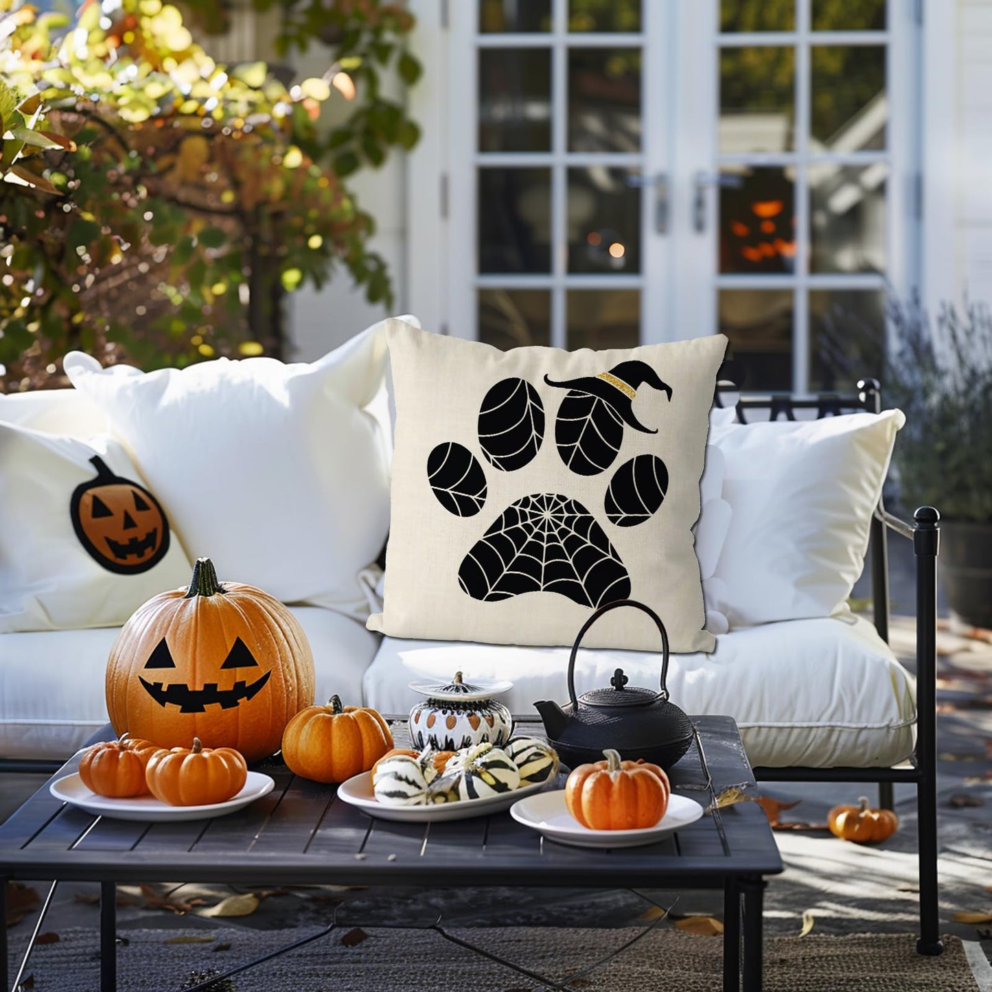 GAGEC Halloween Pillow Covers 18x18 Inch Set of 4 Dog Paws Pumpkin Throw Pillow Covers Holiday Farmhouse Pillowcase Couch Cushion Case for Indoor Outdoor Home Sofa Decor