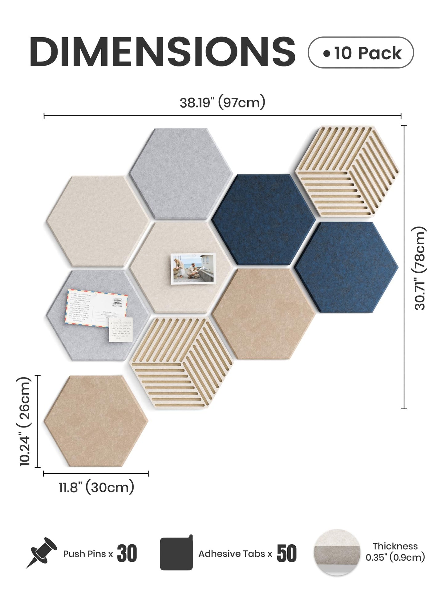 Fluxynara Hexagon Cork Board Alternative for Walls Decor-10-Pack Felt Bulletin Board Tiles,with 30 Pushpins,50 Adhesive Tabs for Office,Classrooms & Home Pin Board Felt Board-Nordic Slate