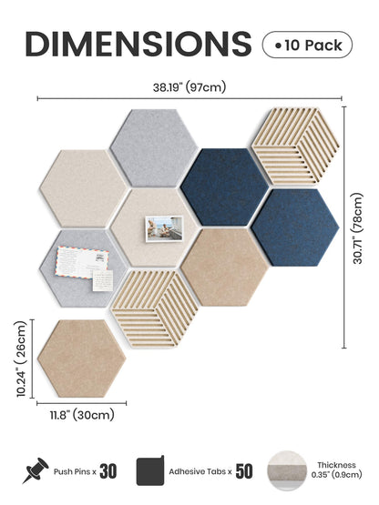 Fluxynara Hexagon Cork Board Alternative for Walls Decor-10-Pack Felt Bulletin Board Tiles,with 30 Pushpins,50 Adhesive Tabs for Office,Classrooms & Home Pin Board Felt Board-Nordic Slate