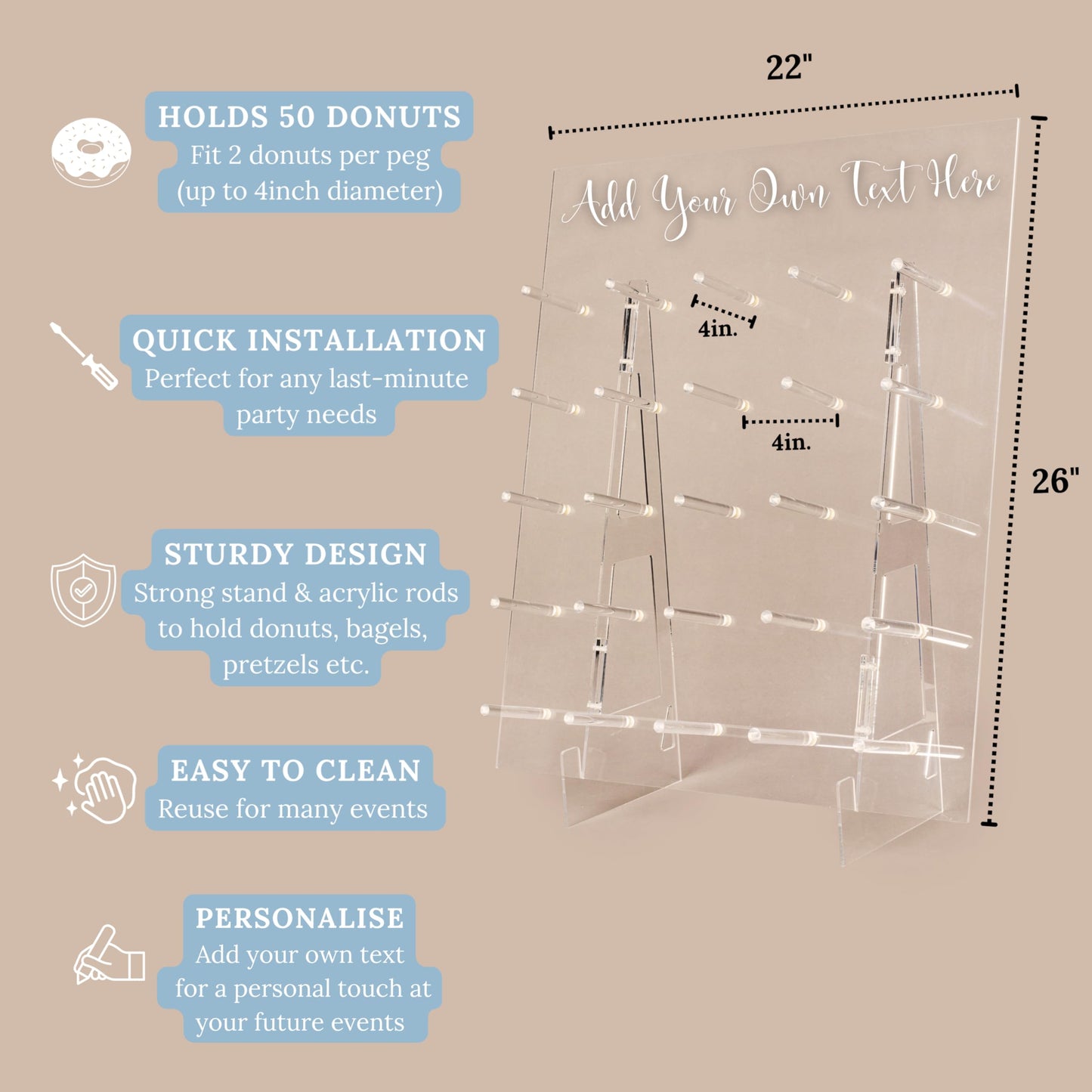 Donut Wall Display Stand - Acrylic Donut Stand Holds 50 Donuts | XL Donut Board Display | Large Donut Wall Stand for Party & Wedding | Donut Holder Stand Party Decor (26x22in - Plain Design)