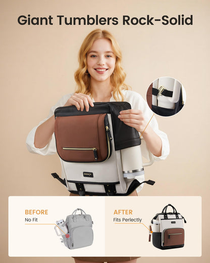 LOVEVOOK Laptop Backpack for Women with Giant Tumbler Holder,15.6 inch Professional Nurse Teacher Backpack Computer Laptop Bag,Cute Waterproof Travel Backpack Purse Work College Bag, Beige-Black-Brown