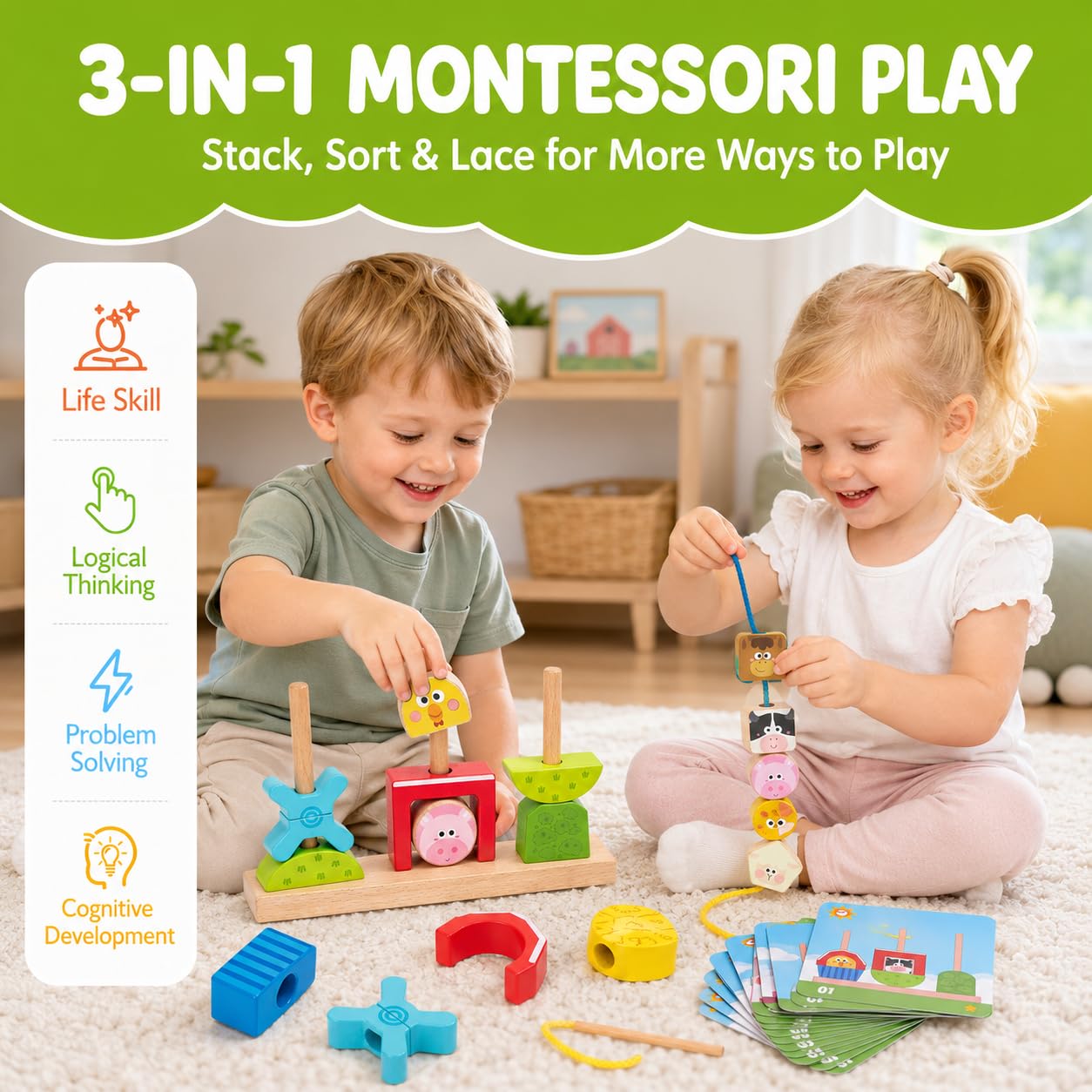 hahaland Montessori Toys for 1 2 3 Year Old, Wooden Farm Stacking & Sorting Toy with Lacing Beads, Shape Cards & Brain Blocks, Toddler Puzzle Activity, Learning Gift for Boys Girls 12 Month+