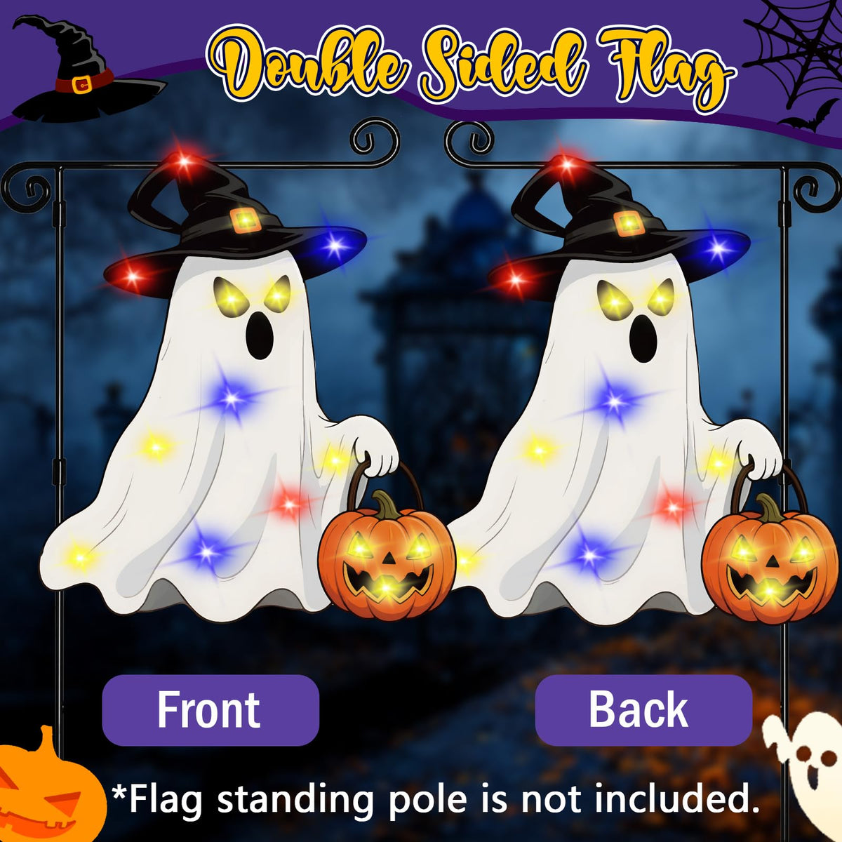 GOAUS Halloween Garden Flag Solar Lighted, Witch Ghost Decorations Outdoor, Double Sided Oxford Decorative Flag for Lawn Yard Outside Decor, 12x18 Inches