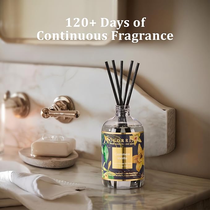 Cocorrína Reed Diffuser Refill Cashmere Vanilla 10.14oz (300ml) with 8 Sticks - Premium Long-Lasting Floral Essential Oil, Home Fragrance for Bedroom, Bathroom Home Decor