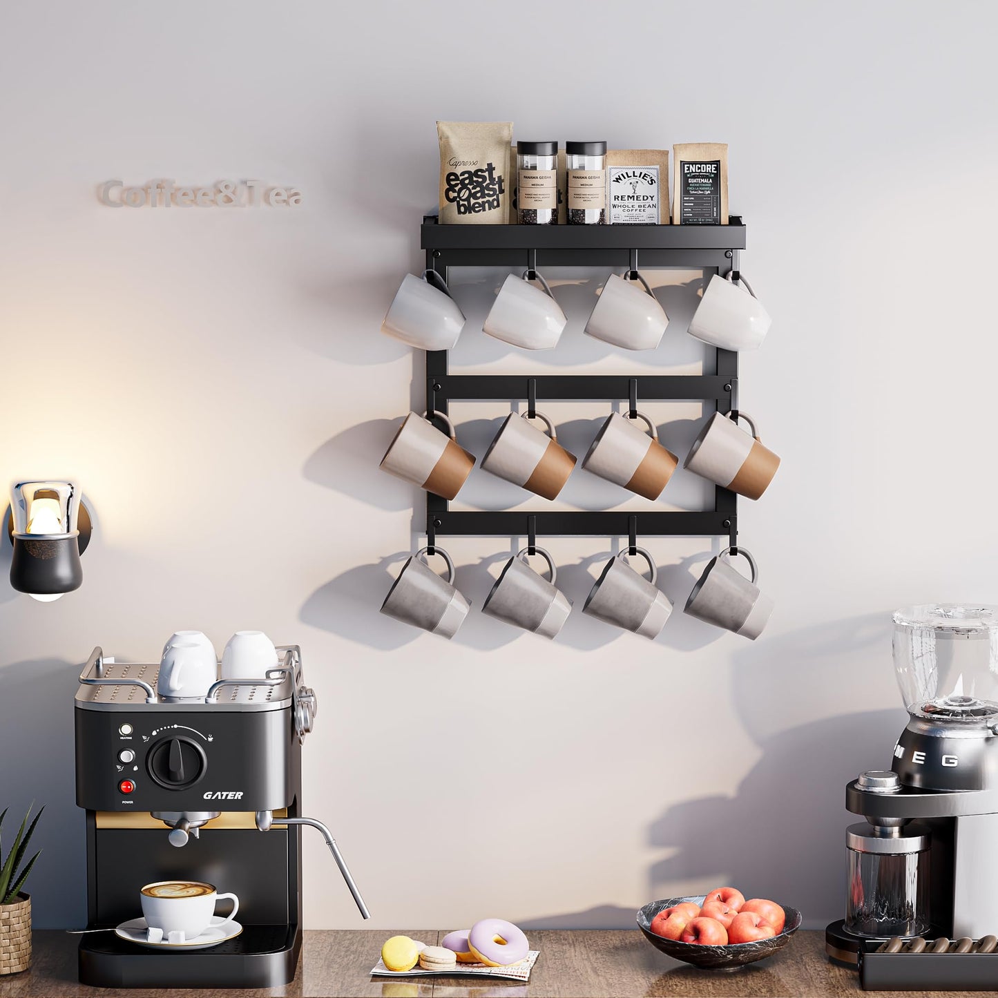 SZUGCOTD Coffee Mug Rack Wall Mounted, Rustic Metal Mug Holder Organizer with 12 Hooks and Top Shelf Cup Storage Rack for Home Kitchen Coffee Bar Station Mug Display and Collection