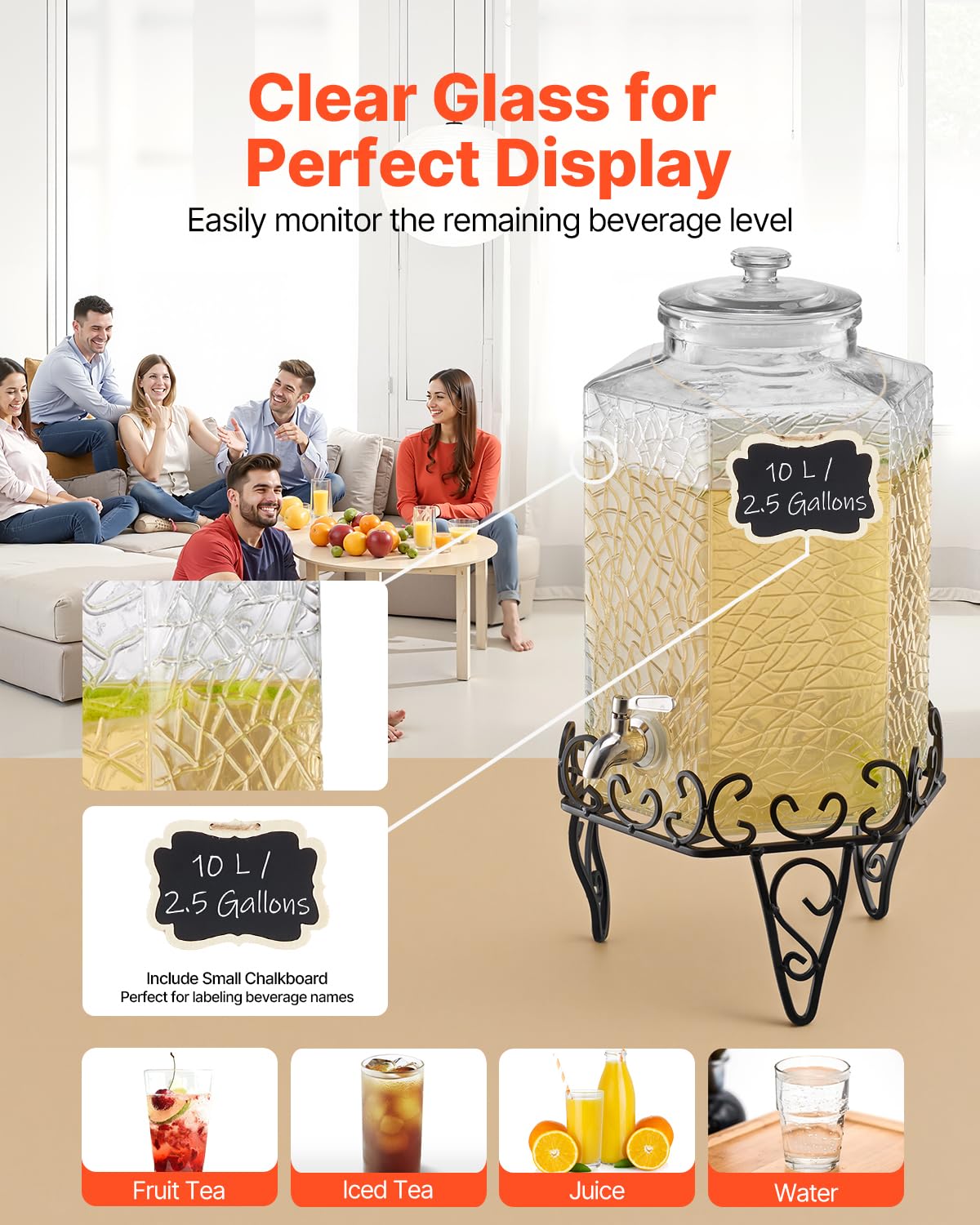 VEVOR Beverage Dispenser, 2.5 Gallon Drink Dispensers for Parties, Glass Juice Dispenser with Metal Stand, Stainless Steel Spigot, Iced Tea Lemonade Juice Water Dispensers for Parties