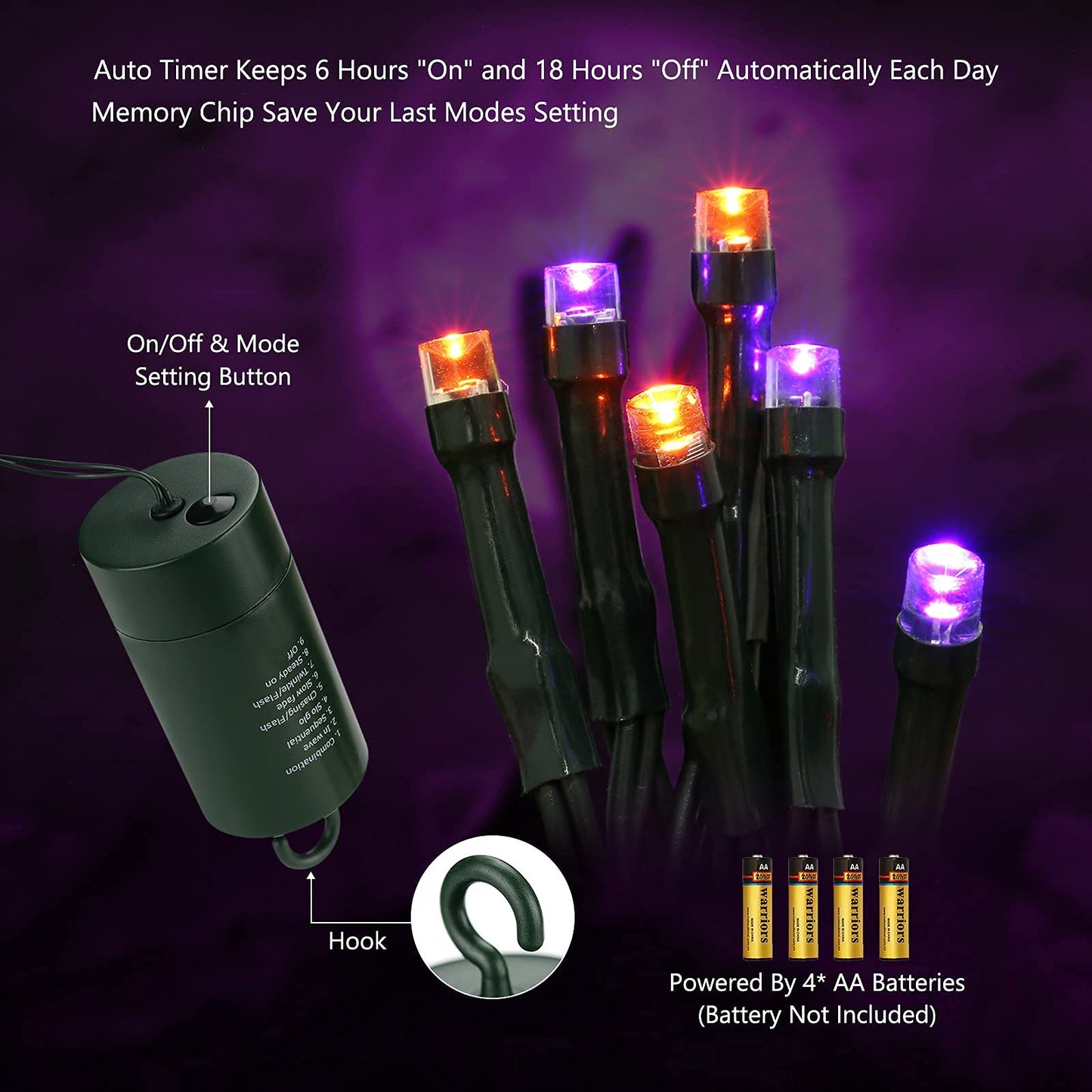 Joomer Orange Purple Halloween Lights, 66ft 200 LED Battery Operated String Lights Waterproof with 8 Modes & Timer Function for Halloween Outdoor Indoor Decorations