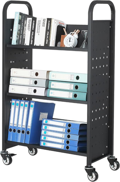 VEVOR Rolling Library Book Cart, 330 lbs Capacity, 30.3 x 15 x 48.0-Inch Library Cart, Single Sided V-Shaped Shelves with 3-Inch Lockable Wheels, Book Truck for Home Shelves Office and School, Black