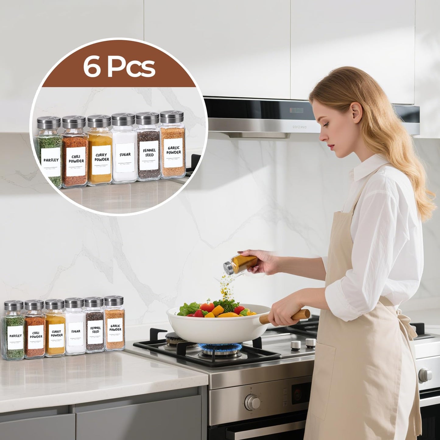 ComSaf Spice Jars with Shaker lids Adjustable, 8oz 6PCS，9 DIY Labels, Spice Jars Trial Set & Supplement Set, Empty Ingredient Containers and Square Ingredient Bottles for Kitchen and Seasoning