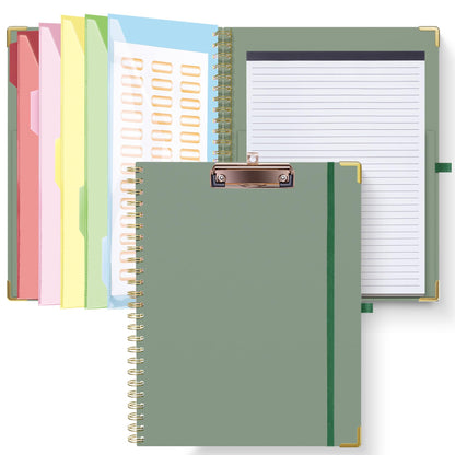 HAUTOCO Clipboard Folio with Refillable Notepad for Letter Size (11" x 8.5"), 5 Dividers with 10 Pockets, Elastic Pen Holder and File Folder Labels, Spiral Nurse Clipboard Artboard(Green)