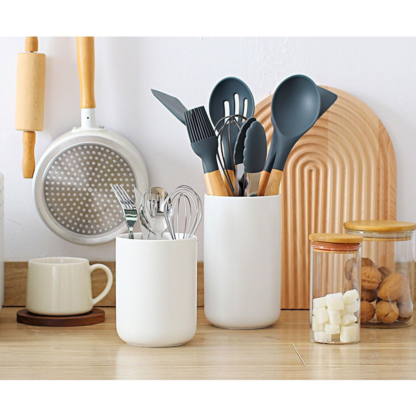 hengshukeji Kitchen Utensil Holder, 6.3"+5.3" Ceramic Kitchen Utensil Holder for Countertop, Large Cooking Utensil Crock for Kitchen Counter, Set of 2, for Spoons, Spatulas, Utensils (White Set)