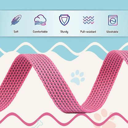 Reflective Dog Collar and Leash Set, Nylon Dog Leash with Heavy-Duty Steel D-Ring, Adjustable with Quick Release Buckle for Medium Dogs, Pink M