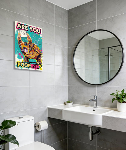Funny Turtle Bathroom Wall Art Painting, Are You Pooping? Graffiti Humor Canvas Print, Teal Pop Art Bathroom Poster Decor, 12x16 Inch Framed Wall Picture for Bathroom Restroom Toilet Washroom