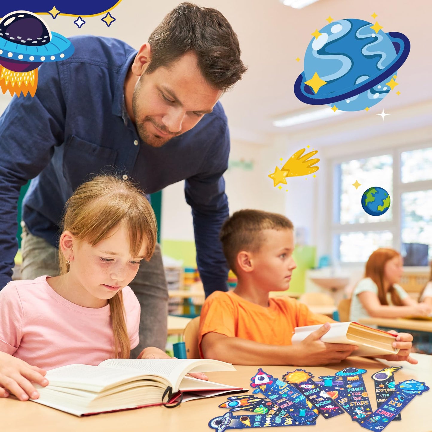 120 Pcs Space Bookmarks Bulk Planet Rocket Space Ship Theme Bookmarks Outer Space Inspirational Quotes Cards Valentines Gifts for Classroom Office Birthday Party Prizes Favors