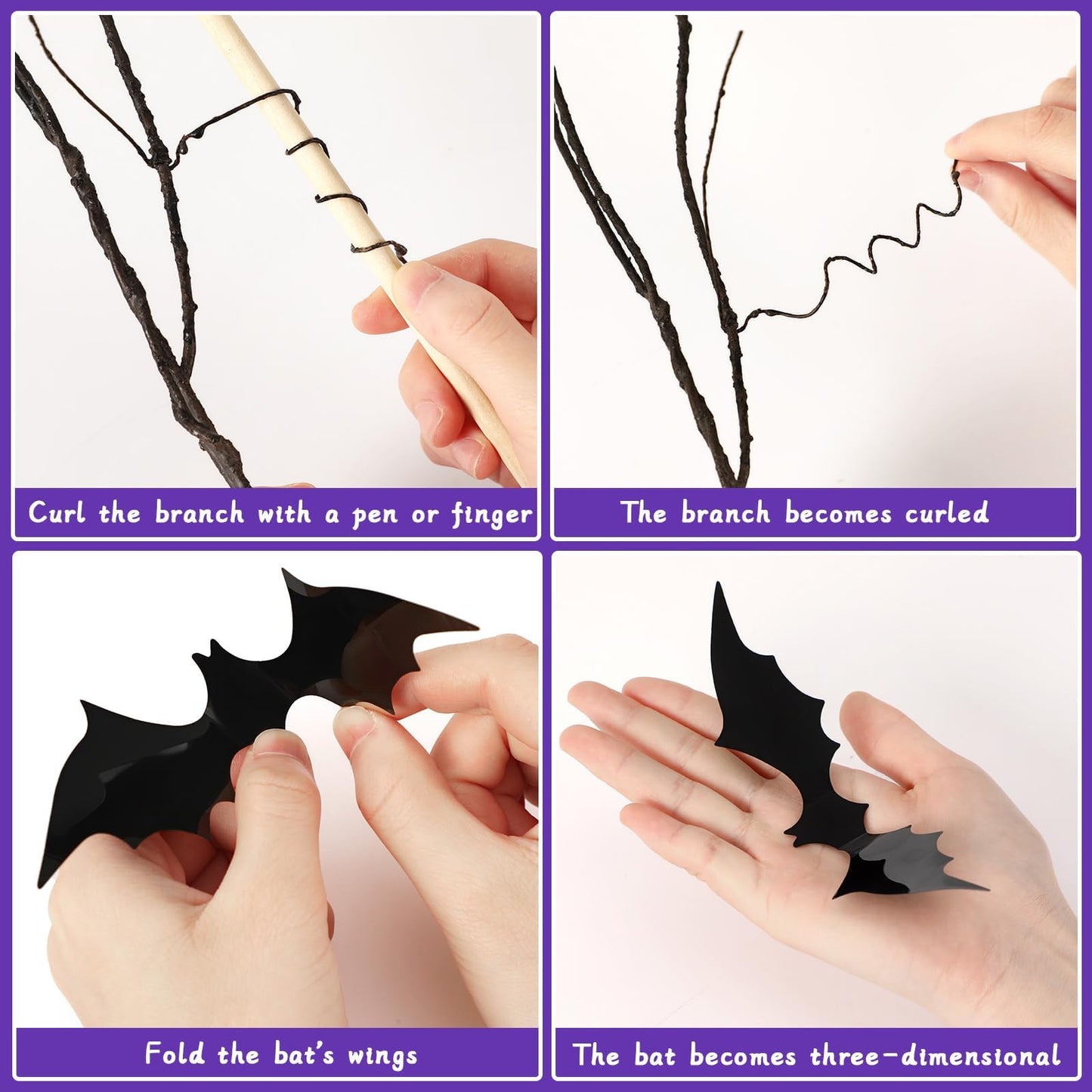 JUNEBRUSHS Curly Willow Branches 29.5 Inch Artificial Bendable Stems Black Branches with 36Pcs Halloween Bat Stickers for Halloween Wreath Home Party Decorations
