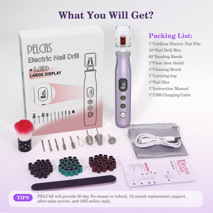 PELCAS Electric Nail Grinder, 10 Speeds Cordless Nail Drill with LED Light, Portable Manicure and Pedicure Kit, Nail File with LCD Screen for Human, Pet, Thick Toenails, Natural & Acrylic Nails Grey