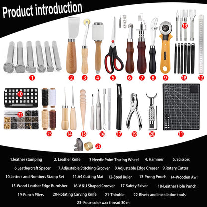 TLKKUE Leather Working Kit - Beginner's Leather Crafting Tool with Storage Bag, Leatherworking Tooling Kit for Sewing, Carving, Punching, Cutting, Stamping Tools