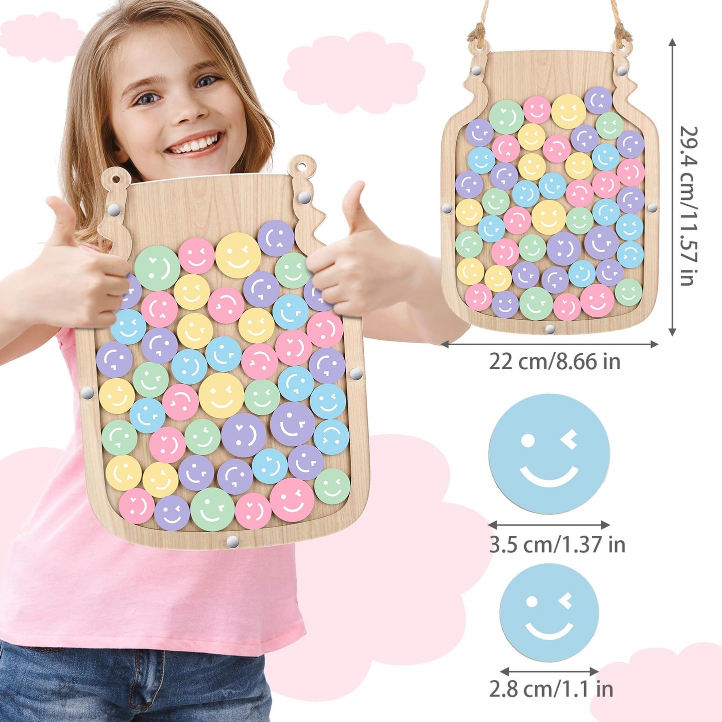 Zhanmai 11.57 x 8.66" Classroom Reward Jar for Kids Behavior Chart for Classroom Star Reward System Hanging Wooden Home Behavior Jar for Boys Girl Management Board Tools Incentive(Smiling Face,Wood)