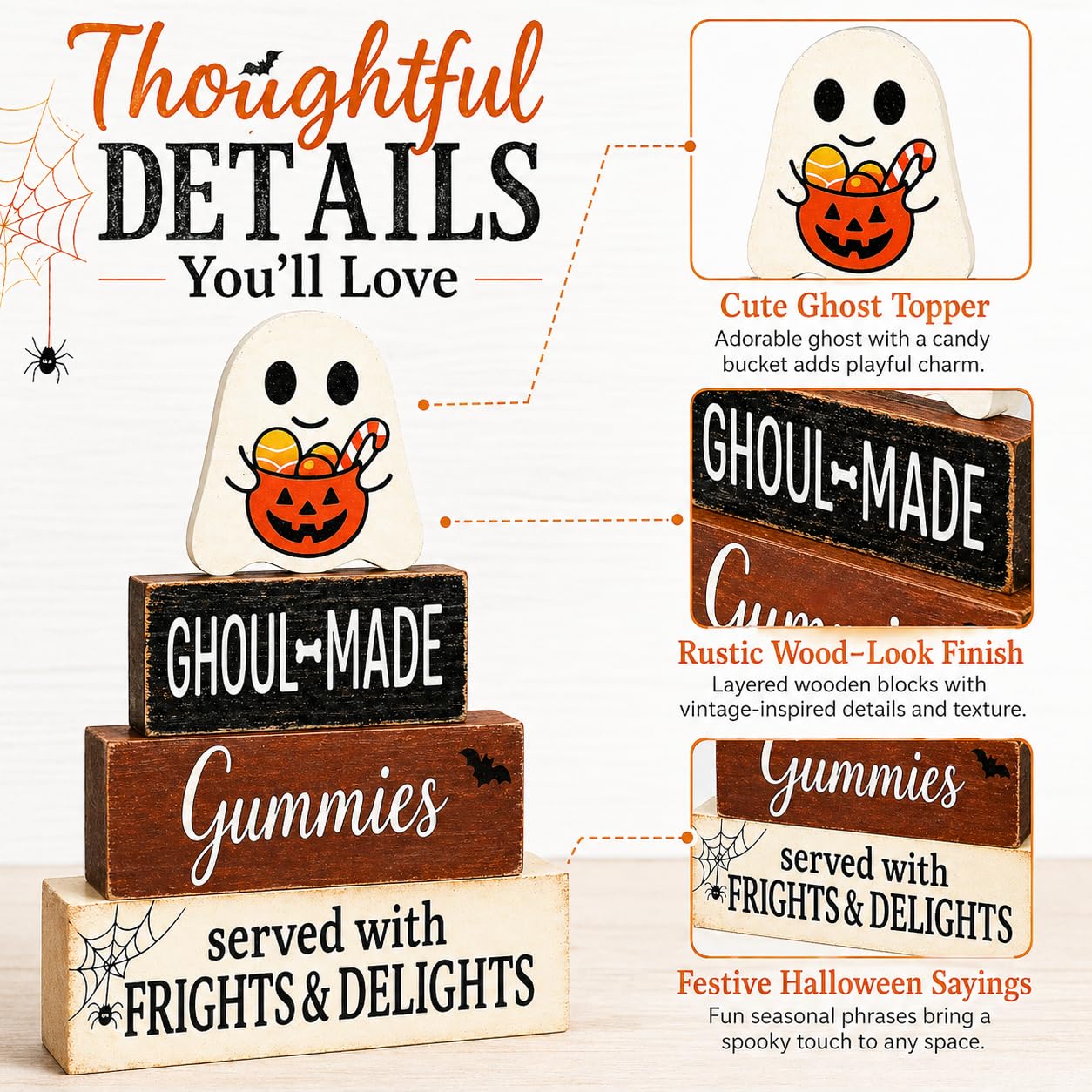 Halloween Tiered Tray Decor, Halloween Wood Block Signs with Cute Ghost and Candy Bucket, Rustic Farmhouse Halloween Decor Indoor, Halloween Tabletop Decorations for Shelf Mantel Coffee Entryway