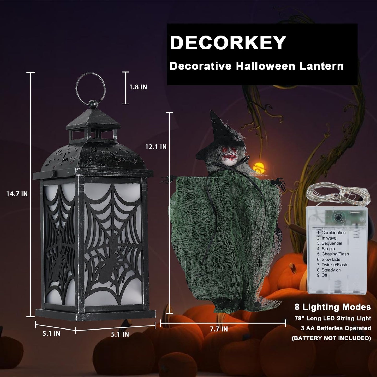 DECORKEY Halloween Decorations Indoor, 14.7" Spider Web Candle Glitter Lantern with LED Lights (8 Modes), Hanging Halloween Lanterns with Witch, Outdoor Home Room Table Party Hocus Pocus Decor