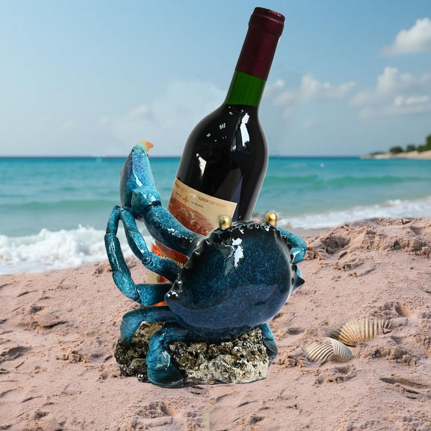 Juliahestia Modern Crab Wine Bottle Holder Countertop Coastal Beach Themed Home Decor Nautical Rack for Kitchen Living Room Bedroom Office Decorations - Gift for Ocean Lovers