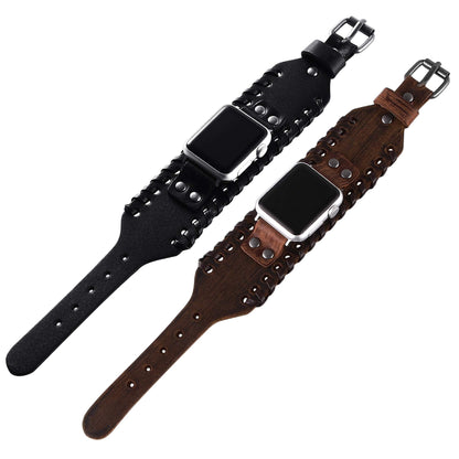 VIQIV Wide Cuff Bracelet Leather Band Compatible with Apple Watch 42mm 44mm Sports Watches for Men Women, Unisex Retro Replacement Wrist Strap for iWatch Series SE 6/5/4/3/2/1, Brown