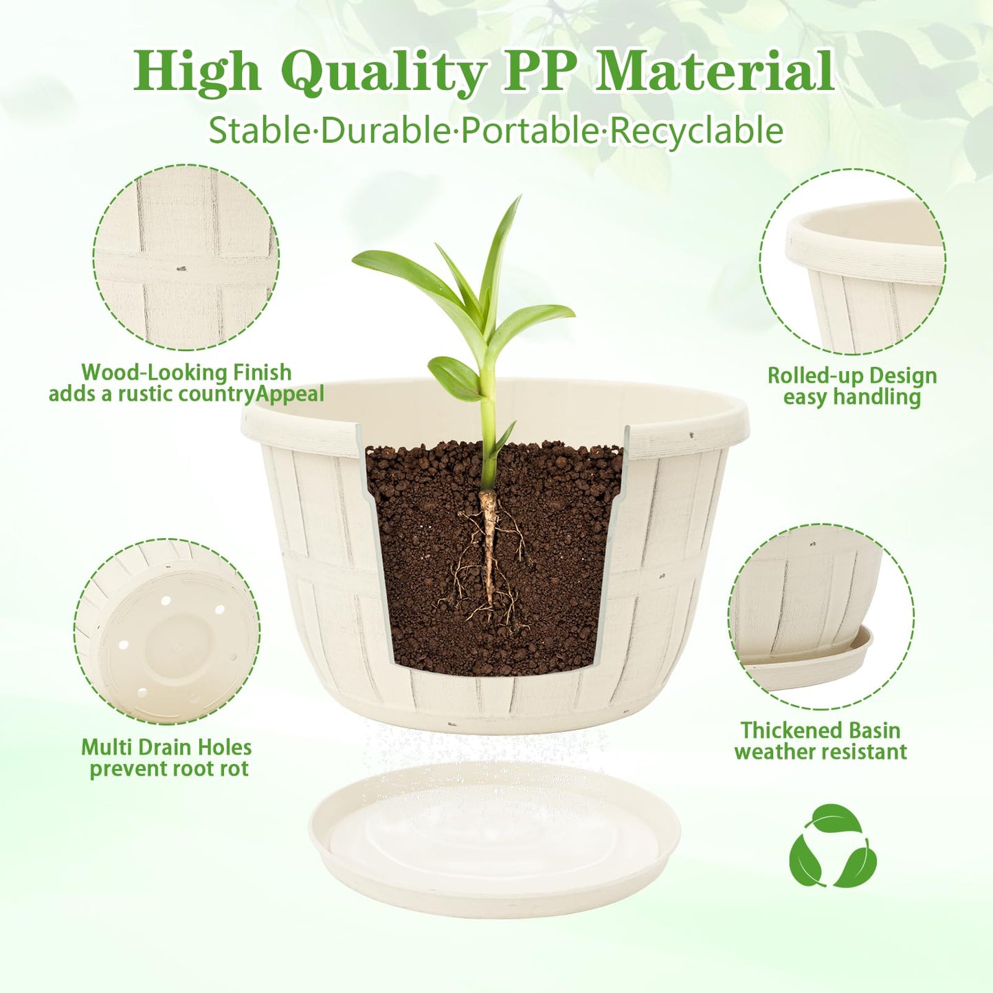 Quarut 10 inch Plastic Flower Pots for Indoor Plants，4 Pack Large Outdoor Planter Pot with Drainage Holes & Saucers，Imitation Wine Barrel Design，for Indoor Outdoor Garden Plants（White）