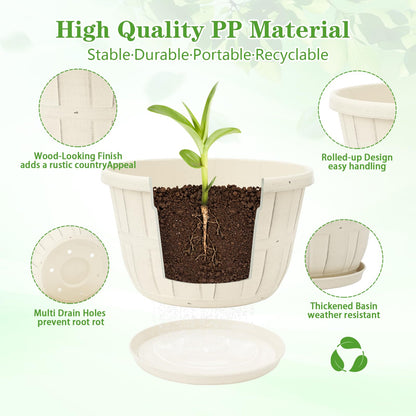 Quarut 10 inch Plastic Flower Pots for Indoor Plants，4 Pack Large Outdoor Planter Pot with Drainage Holes & Saucers，Imitation Wine Barrel Design，for Indoor Outdoor Garden Plants（White）