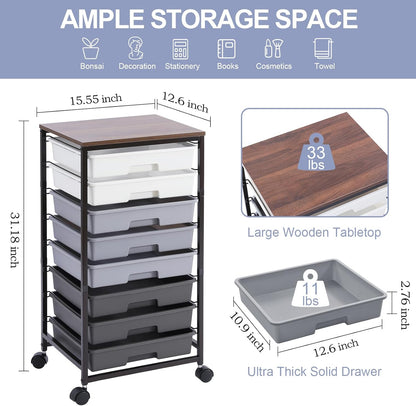 Rolling Cart with Drawers,Utility Cart with 8 Drawers and Wooden Tabletop for Living Room,Classroom,Bedroom,Bathroom,Dorm,Office,Dark Grey