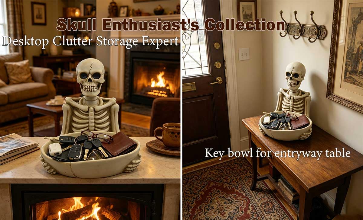 Skull Decor-Halloween Candy Bowl Dish Large for Home Office Desk Decorations,Key Bowl for Entryway Table,Skull Candy Tray Holder Snack with Hand,Skulls Serving Bowl Desk Decor (H 9.1")