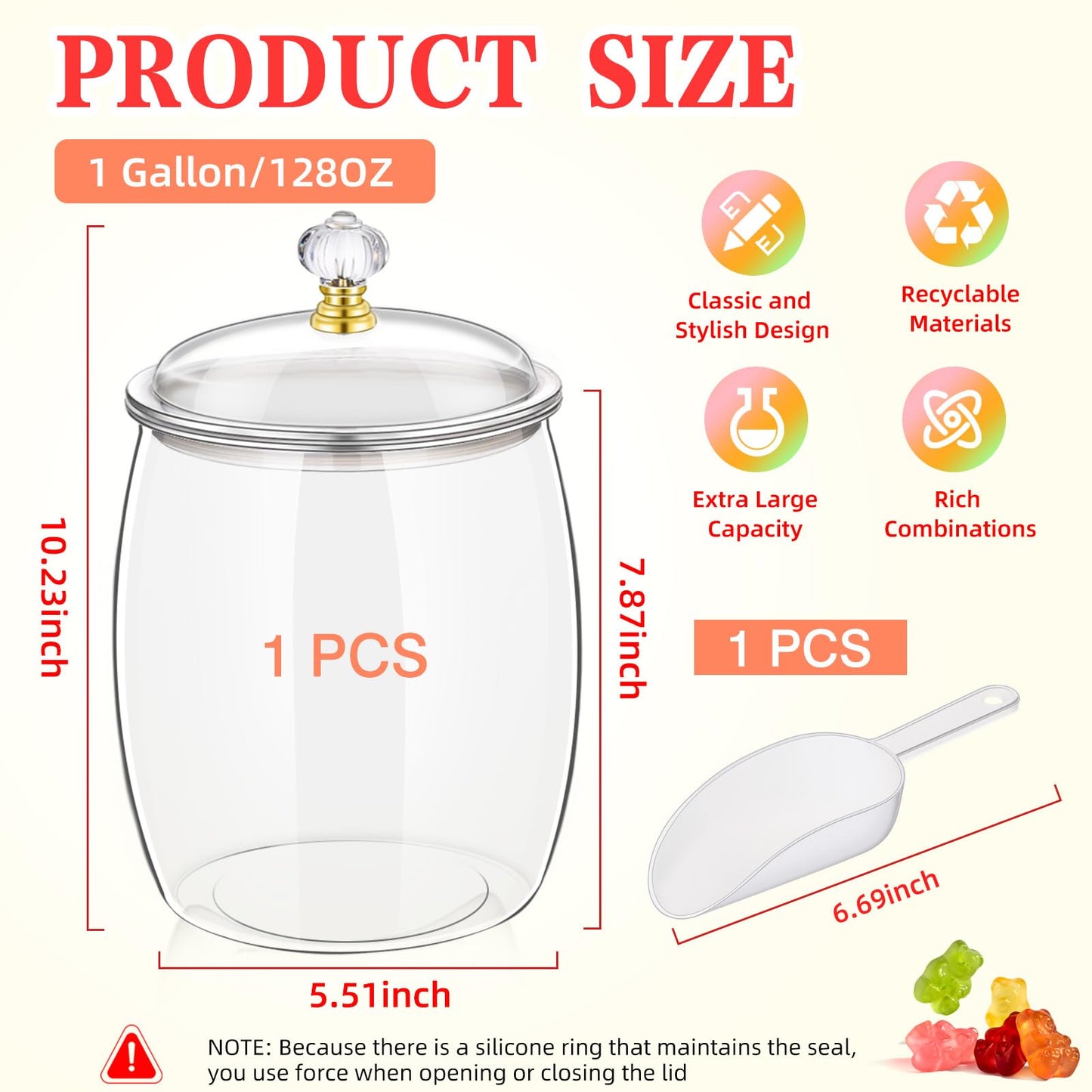 mwellewm 128 OZ Candy Jar with Lids Large Plastic Cookie Jar with Spoons Clear Apothecary Container Decorative Kitchen Airtight Snack Storage Organization for Wedding Home Kitchen Bar Decoration