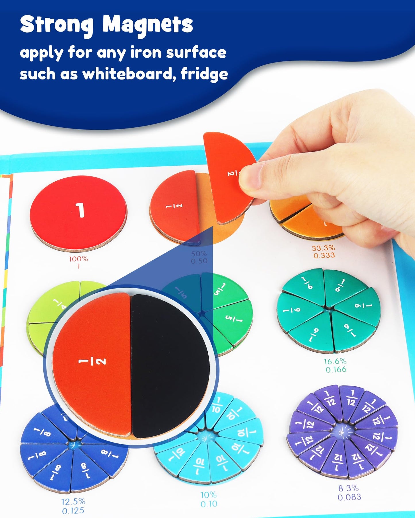 D-FantiX Magnetic Fraction Educational Puzzle, Magnetic Fraction Tiles & Fraction Circles Set, Math Manipulatives for Elementary School, Montessori Fraction Manipulatives Learning Toys for Kids
