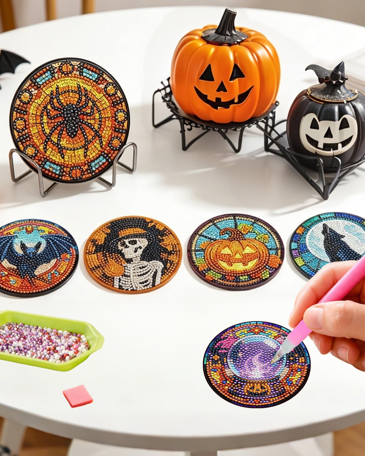 BOCACUE Halloween Diamond Art Coasters Kit for Adults, 10 PCS Diamond Painting Coasters with Holder, Cute Gem Painting Coasters for Desk, DIY Diamond Art Crafts, Halloween Decor Gifts for Men & Women