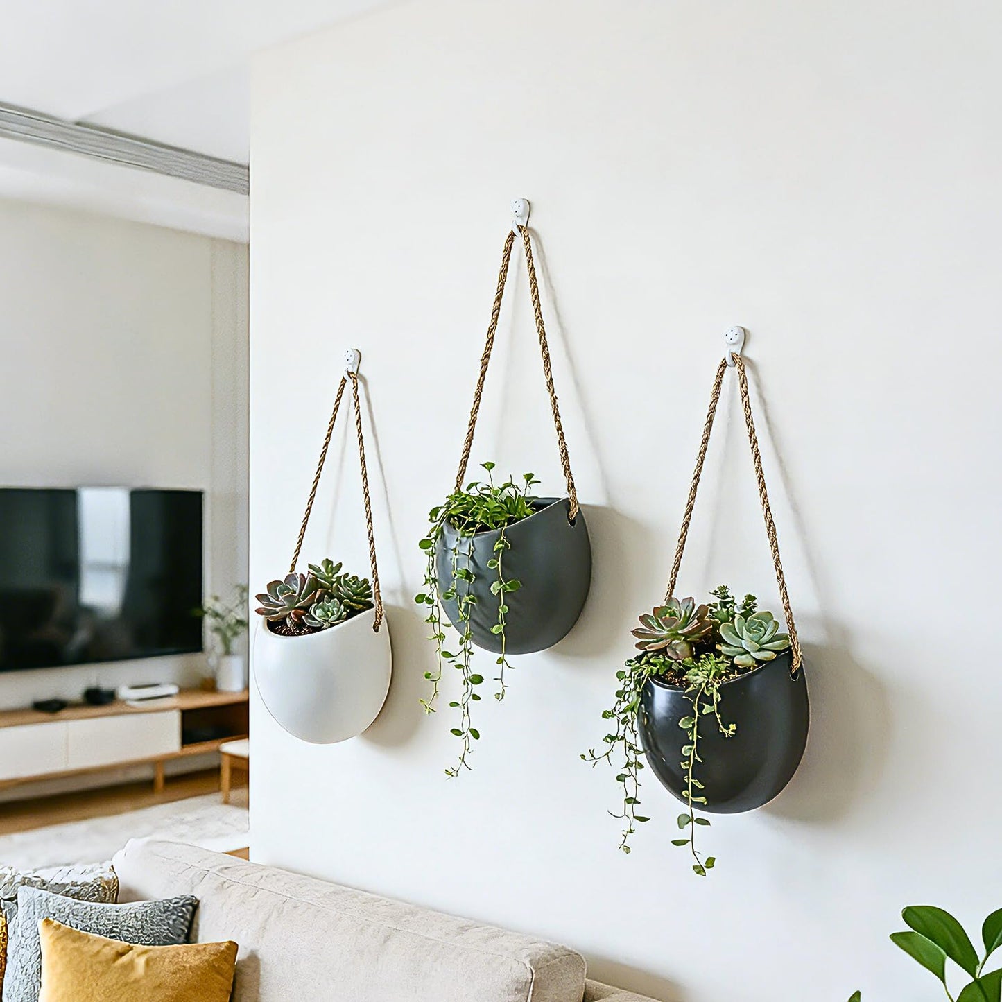Kvetto Set of 3 Ceramic Wall Vases - Hanging Pocket Planters for Indoor Plants, Wall Decor for Entryway Hallway Bathroom Living Room Dining Room