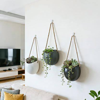Kvetto Set of 3 Ceramic Wall Vases - Hanging Pocket Planters for Indoor Plants, Wall Decor for Entryway Hallway Bathroom Living Room Dining Room