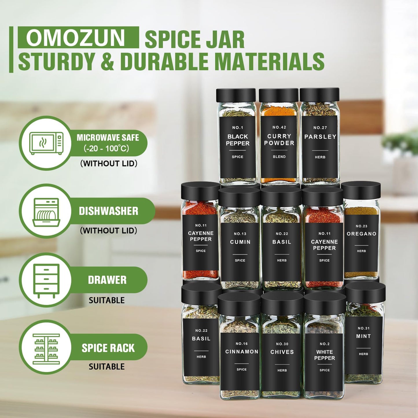 OMOZUN Spice Jars with Label, 24pcs 4oz Glass Spice Jars with Black Lids, Square Spice Containers with 304 Labels and Shaker Inserts, Empty Seasoning Bottles for Drawer, Cabinet, Seasoning Organizer